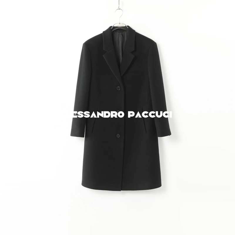 AP洛哥43023DY【矜贵】羊绒羊毛翻驳领廓形版黑色百搭大衣2024冬