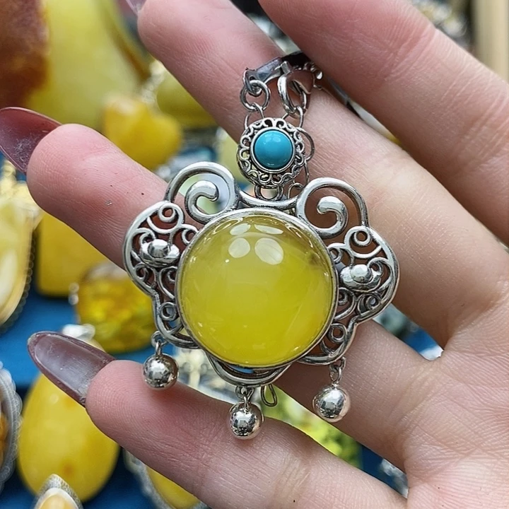 琥珀颈饰银S925镶嵌吊坠