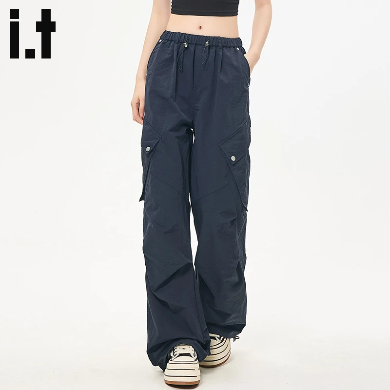 it:CHOCOOLATE藏青色速干伞兵工装裤女秋季薄款显瘦拖地直筒裤子