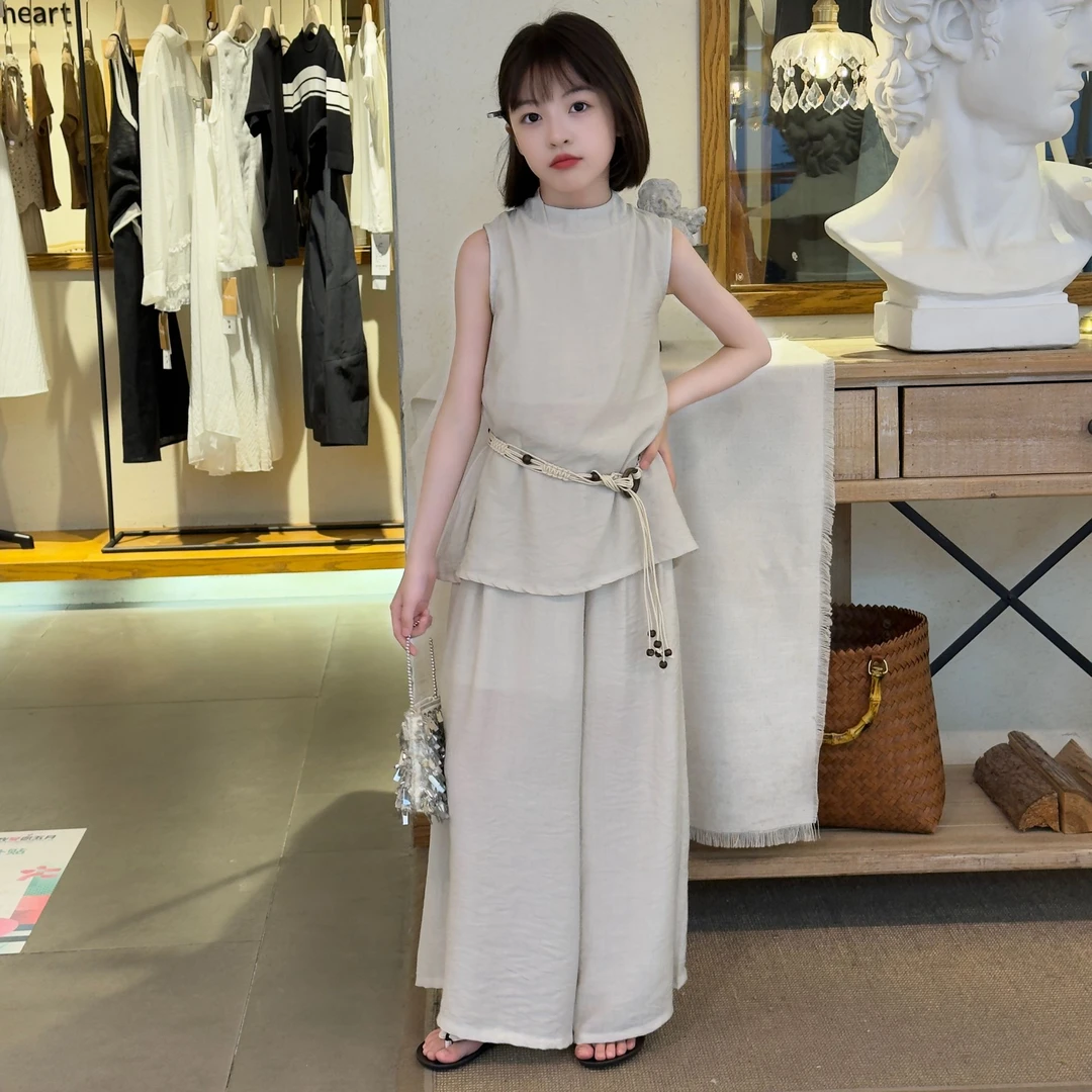 2025年款儿童衣服法式高级感女童圆领无袖上衣百搭高腰阔腿长裤潮