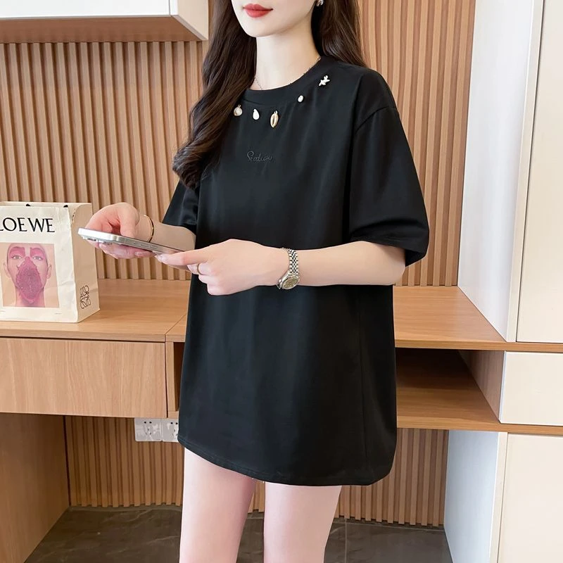 夏季小众设计感半袖刺绣圆领宽松修身上衣女款显瘦休闲百搭ins风