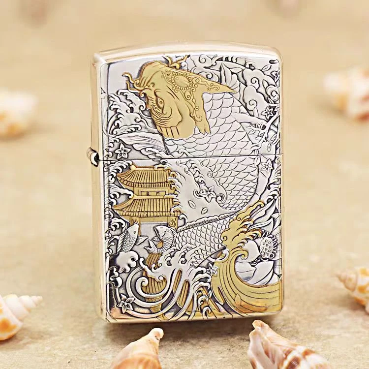 Zippo打火机妖月老师镀银鎏金鱼跃龙门253