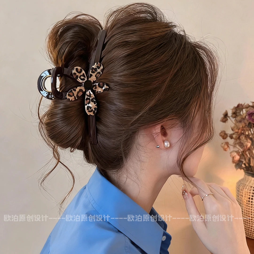 复古豹纹花朵法式女发夹发卡抓夹饰品高级商务新娘抓夹321