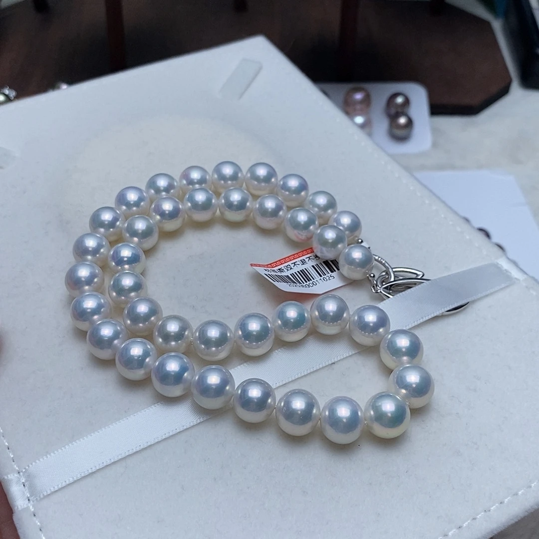 银S925镶嵌淡水珍珠颈饰10-11正圆蓝光赛澳白