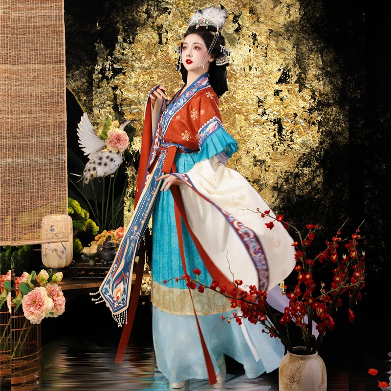 漫汐梭原创汉服【仙赋集】魏晋传统复原风女神仙服大袖齐腰穿孔裙