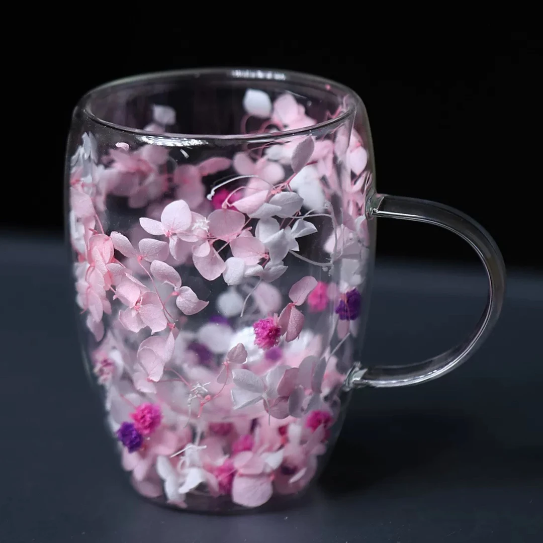 网红真花双层玻璃杯高颜值情侣果汁杯咖啡杯带把手高硼硅隔热杯子