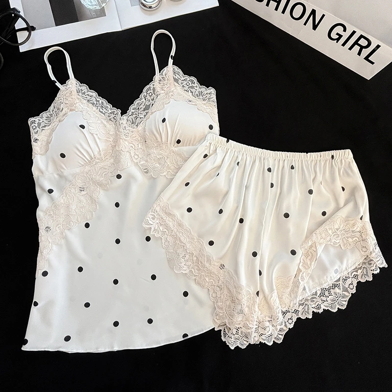 带胸垫ins风牛奶波点吊带蕾丝睡衣女夏季性感纯欲风家居服两件套