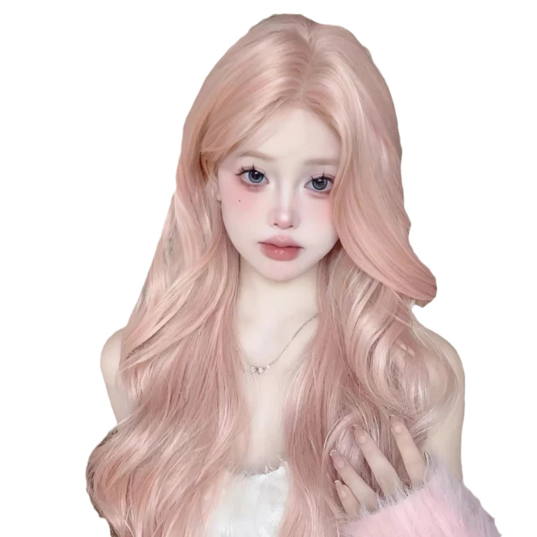 延宁许昌女rose草莓夹心粉蕾丝款中分八字刘海大波浪长卷发网红