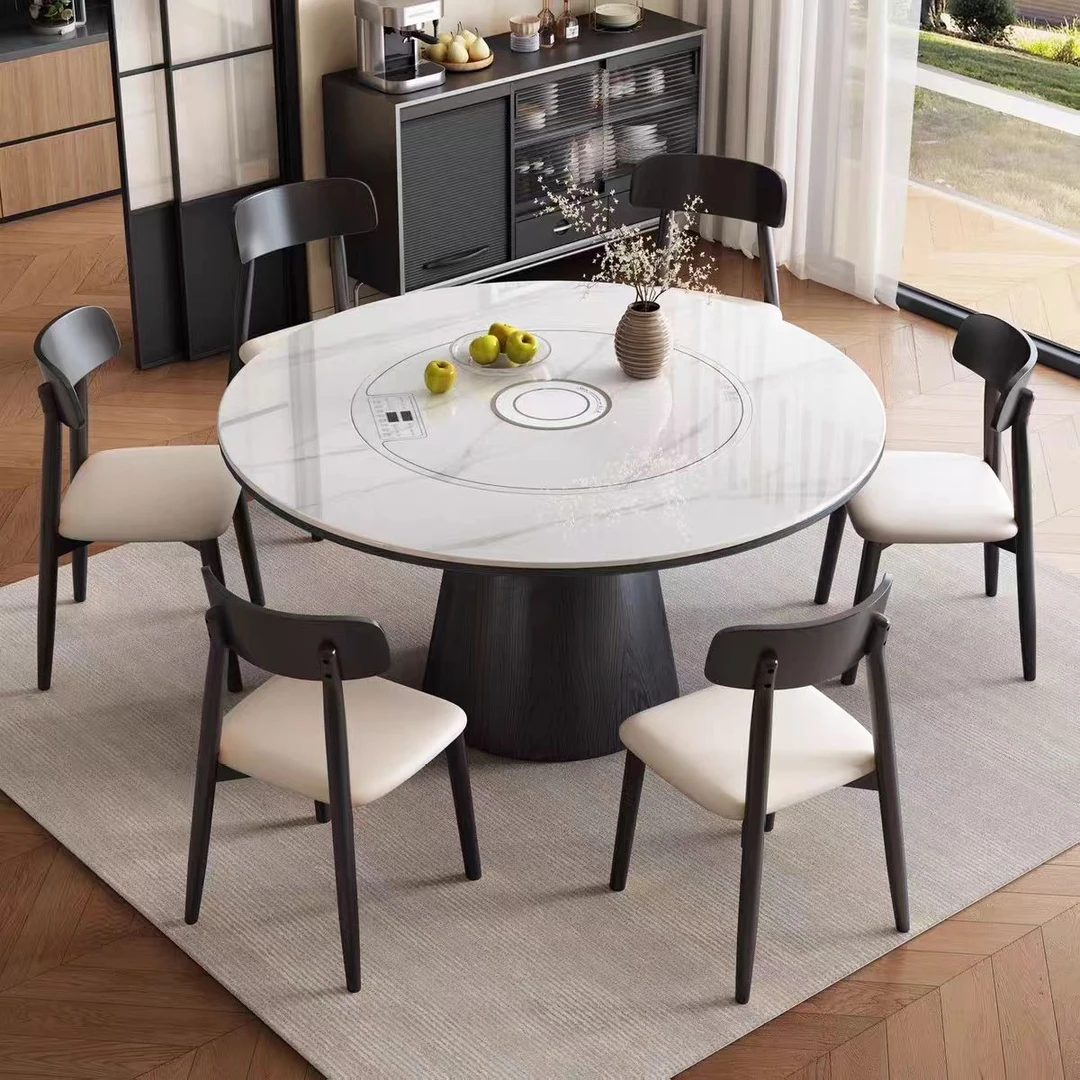 实木岩板餐桌家用小户型圆饭桌内嵌电动旋转暖菜转盘多功能电磁炉