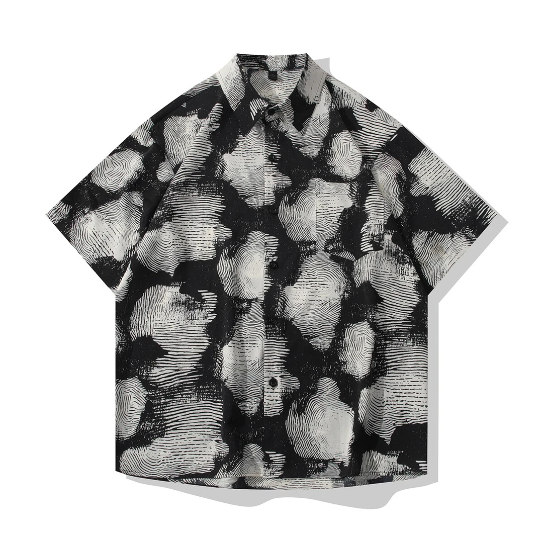 文艺复古冰丝短袖花衬衫夏季男薄款透气垂感宽松衬衣高级痞帅时尚