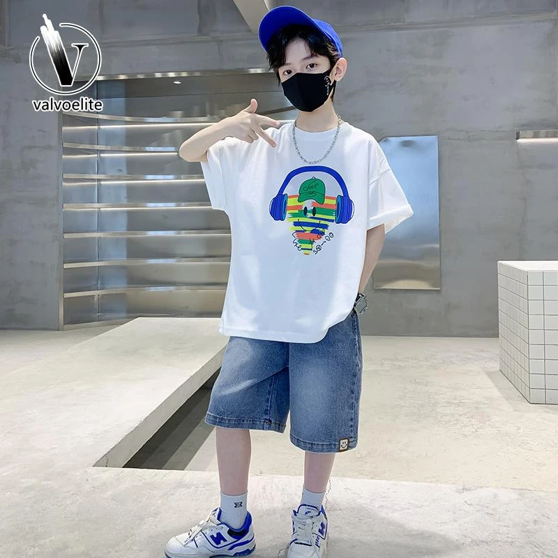 VALVOELITE男童夏装牛仔套装2025新款中大童痞帅韩系薄款短袖潮流