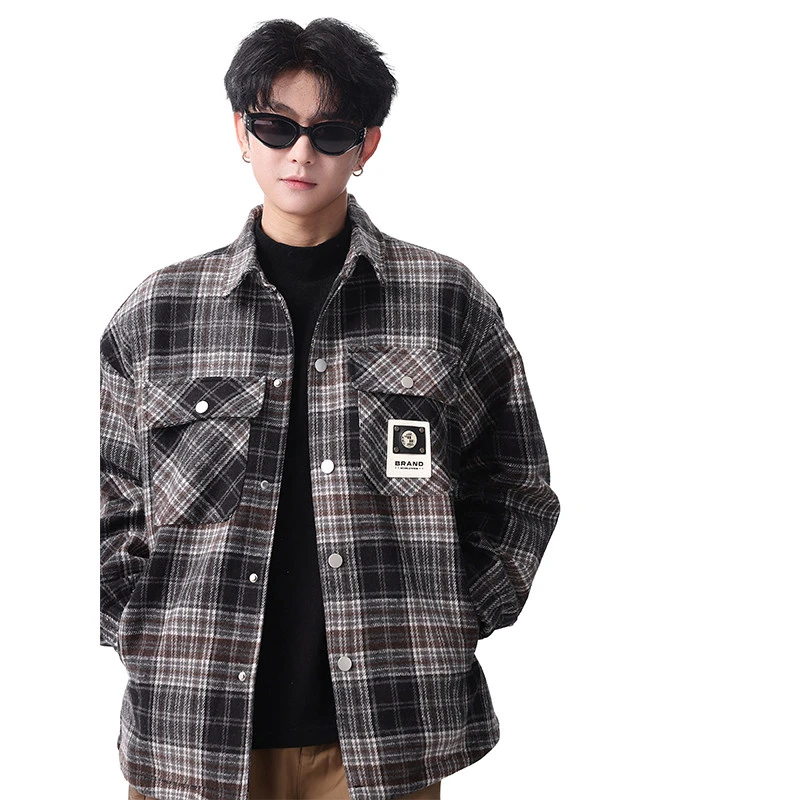 港风格子翻领夹克男款大码外套文艺范加厚防寒衬衫