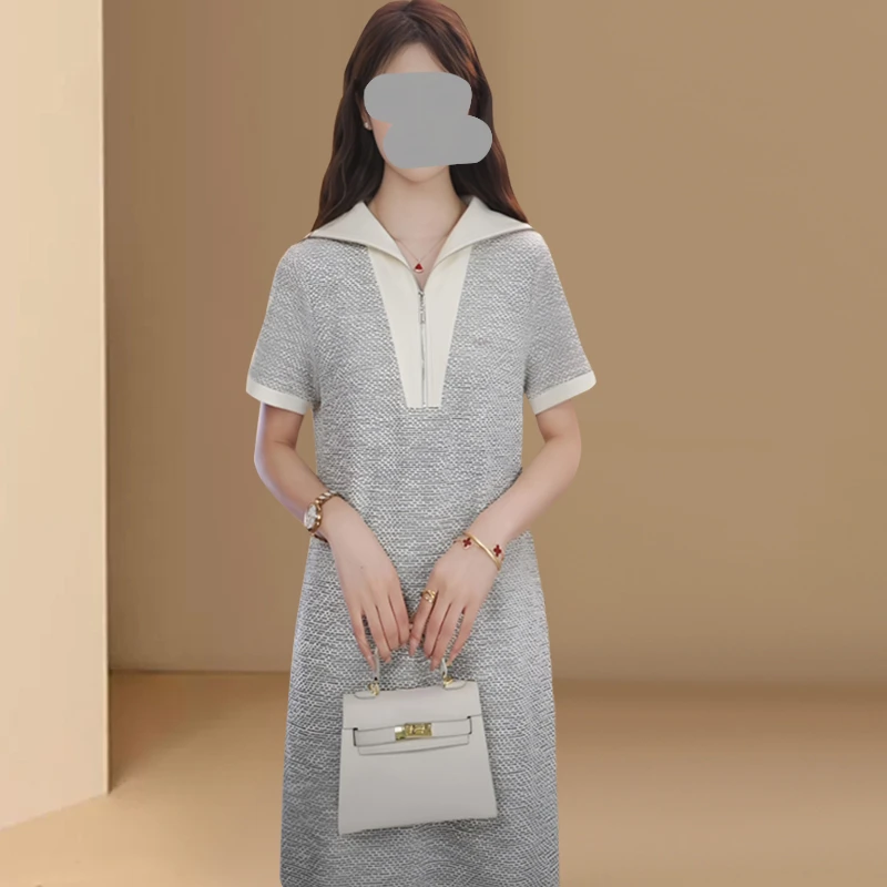 休闲气质海军领拼色短袖连衣裙女2025夏季新款宽松显瘦中长裙女装