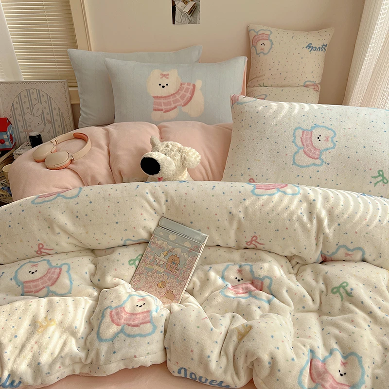 Heart Island【蓝粉小狗】A类卡通可爱加厚牛奶绒四件套蓄热保暖