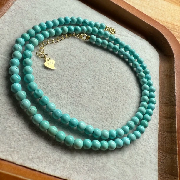纯干货原矿无优化高瓷天空蓝绿松石项链仙女锁骨链4mm9.4克做地大