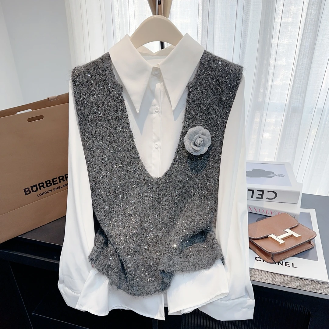 高级感小香风通勤套装女2025春秋新款亮片马甲背心百搭小众上衣