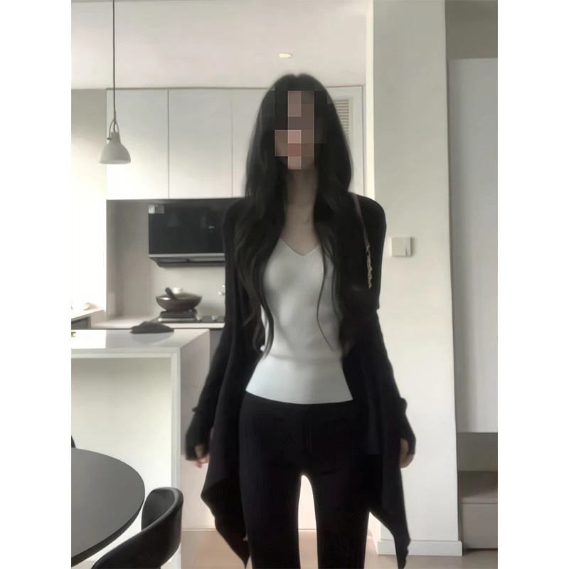 2025新款女士早秋季慵懒风不规则中长款开衫外套高腰显瘦休闲裤