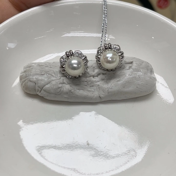 海水珍珠银S925镶嵌耳饰AK7-8mm19号