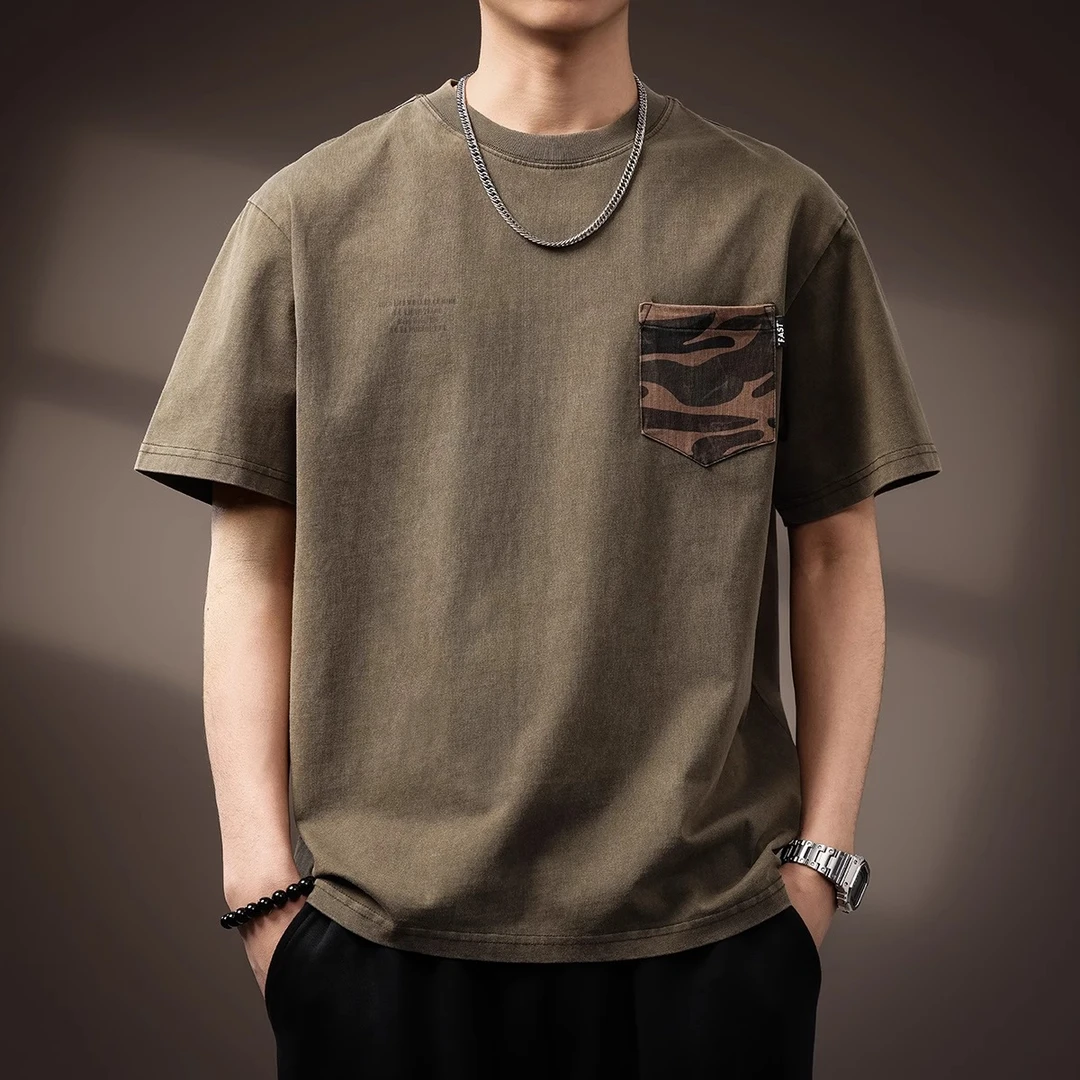 U&PURA高端美式迷彩印花口袋短袖T恤男士夏新款潮牌纯棉宽松男装