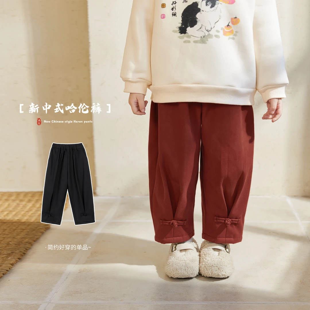 小O宝Okids童装 宝宝新中式盘扣加绒裤子新年红色儿童裤 OSK94045