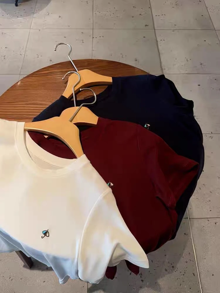 【小雨伞】简约舒适透气正肩显瘦刺绣短袖薄款清凉透气百搭上衣T恤