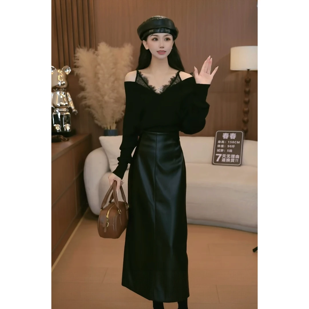 2025秋季新款女魅力拼接蕾丝超短款吊带皮裙套装