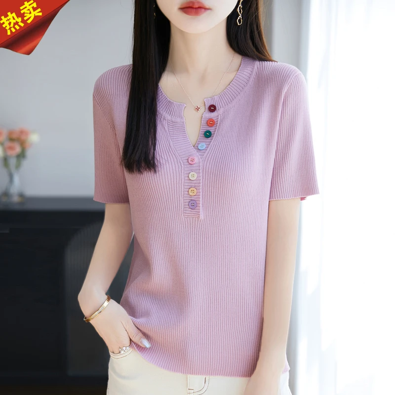 哥弟阿玛施正品夏季韩版显瘦女装V领百搭彩扣针织衫时尚减龄上衣