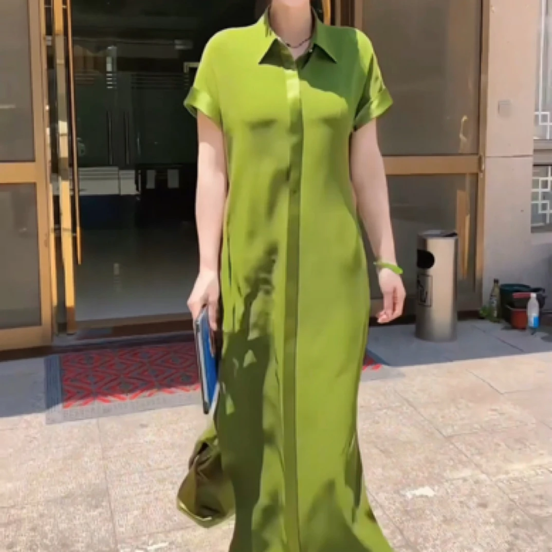 2210-设计款春夏时尚轻奢醋酸衬衫领气质收腰连衣裙系带