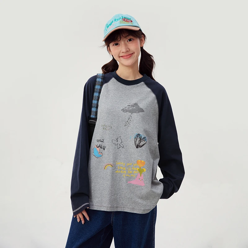 初中生长袖T恤女秋季韩系休闲撞色大童插肩袖C25CT0156B