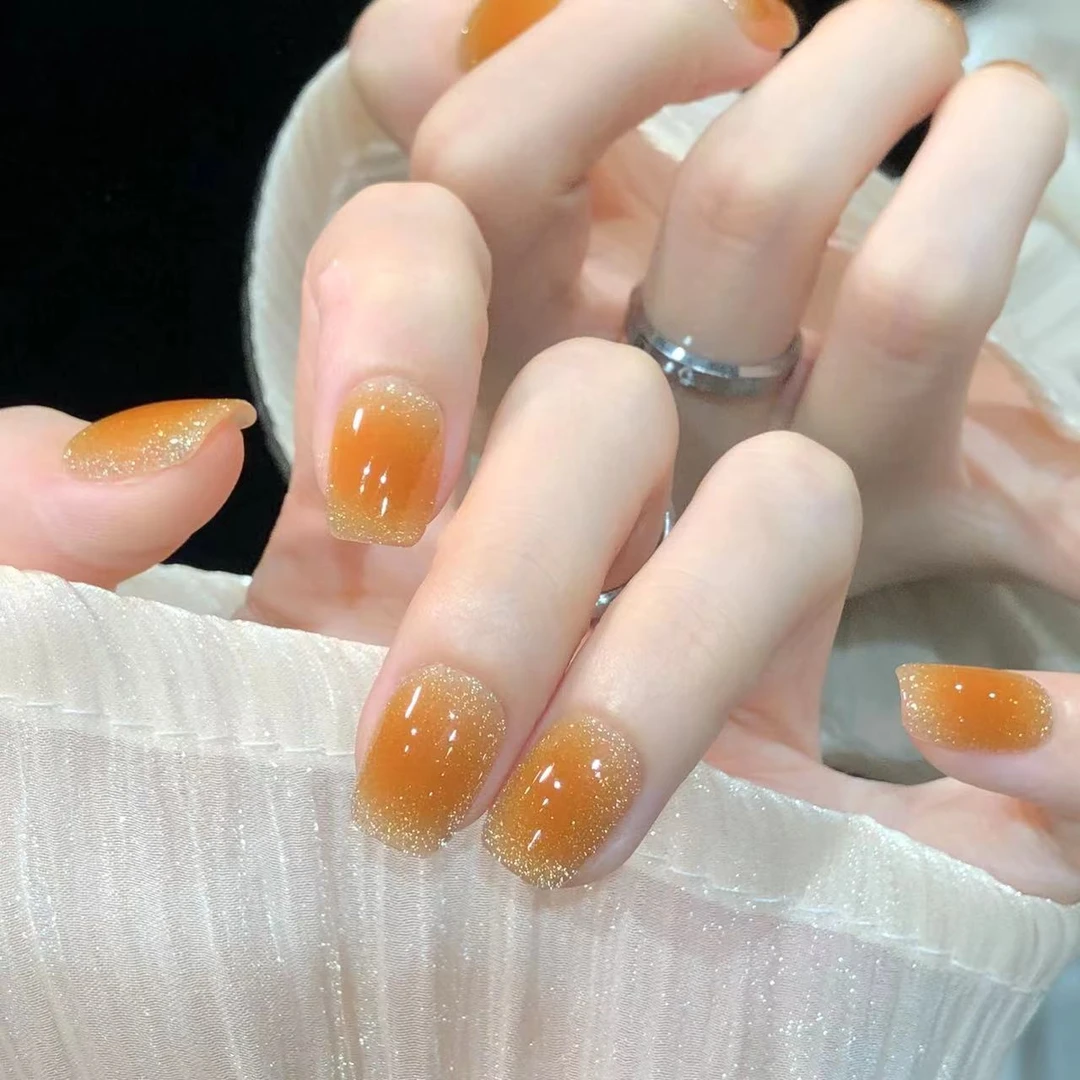 【甜橙碎金】纯手工穿戴甲可拆卸美甲光疗甲