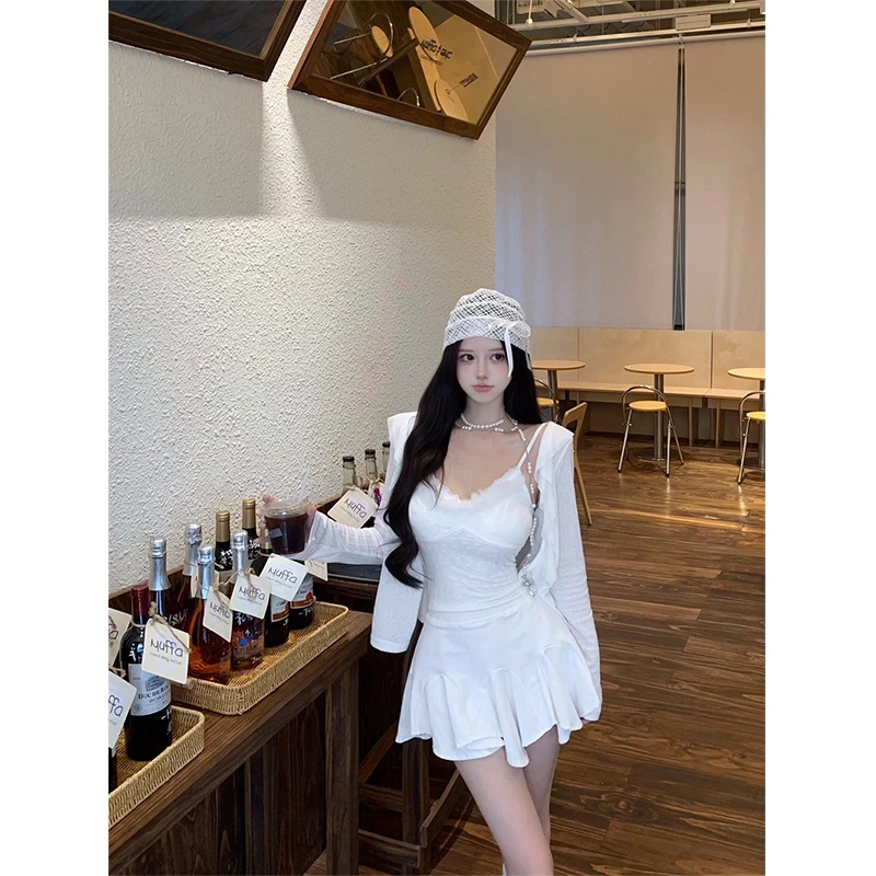 2025夏季新款拼接蕾丝吊带修身内搭半身裙裤防晒长袖开衫三件套