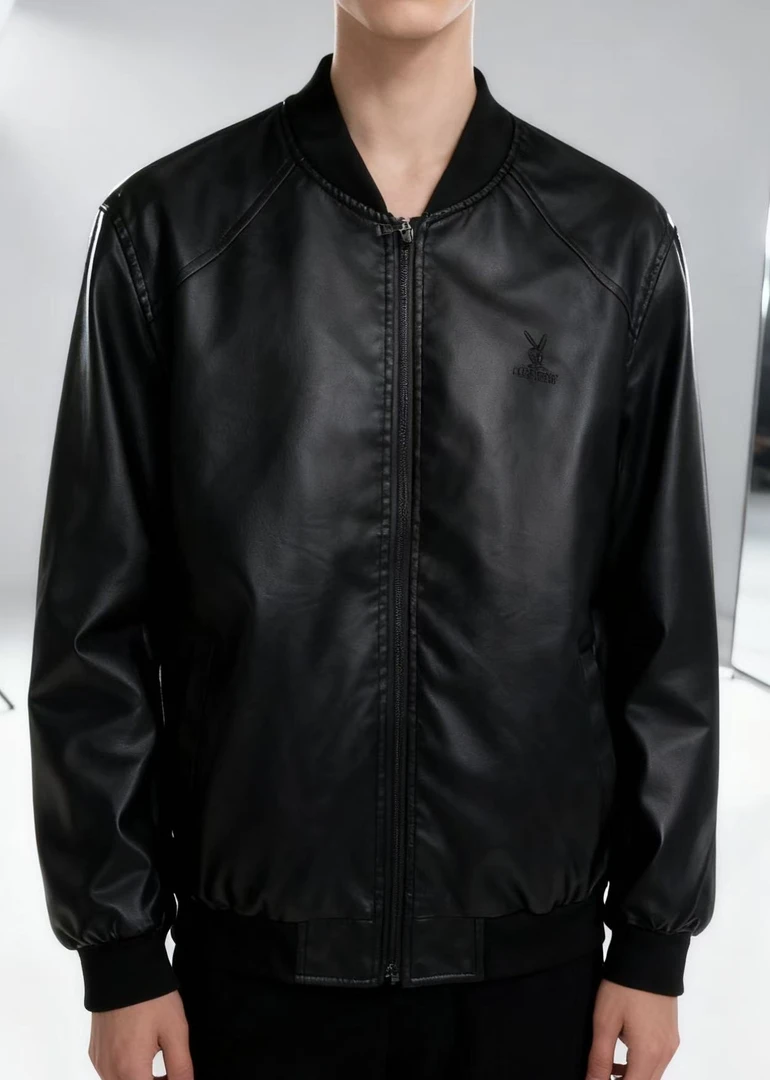 D57棒球领秋冬黑色男款男士韩版修身皮衣修身