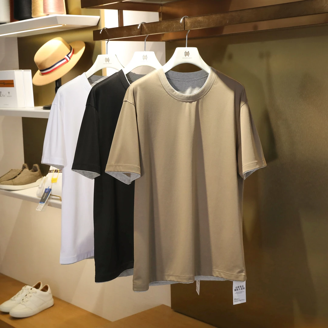 意式奢华2025夏新款男高端户外撞色双层领假两件棉麻短袖T恤1136