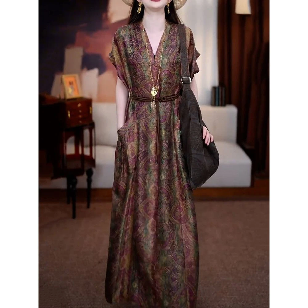 送腰带!大方好看复古印花长裙2025夏季新款系带收腰显瘦连衣裙