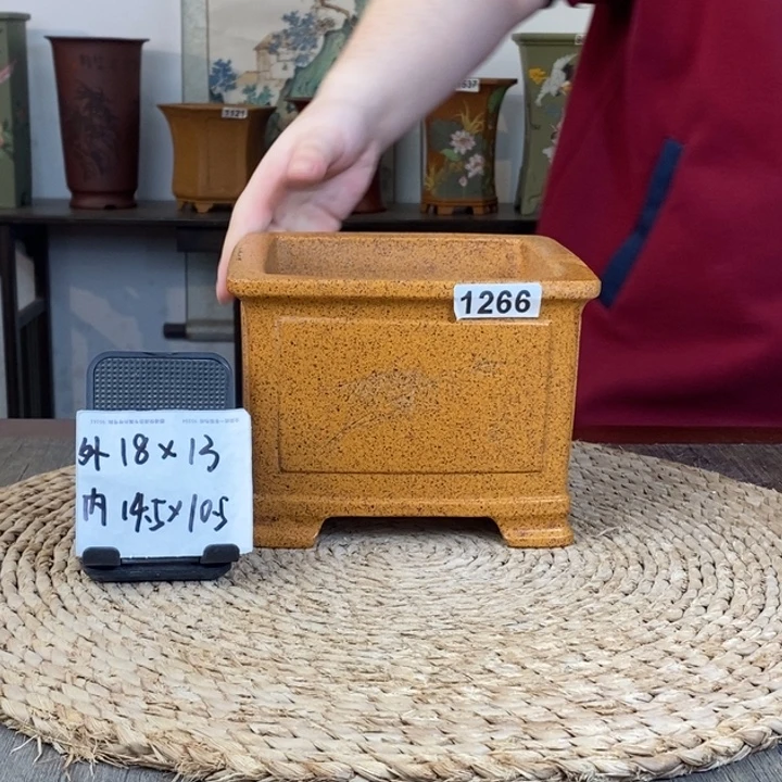 紫砂花盆  柴烧奎面刻绘四方1266