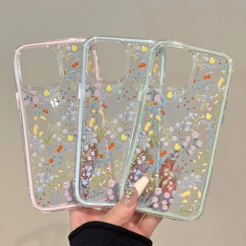 适用苹果16pro三合一炫彩iPhone15手机壳华为创意ins满屏春日野花