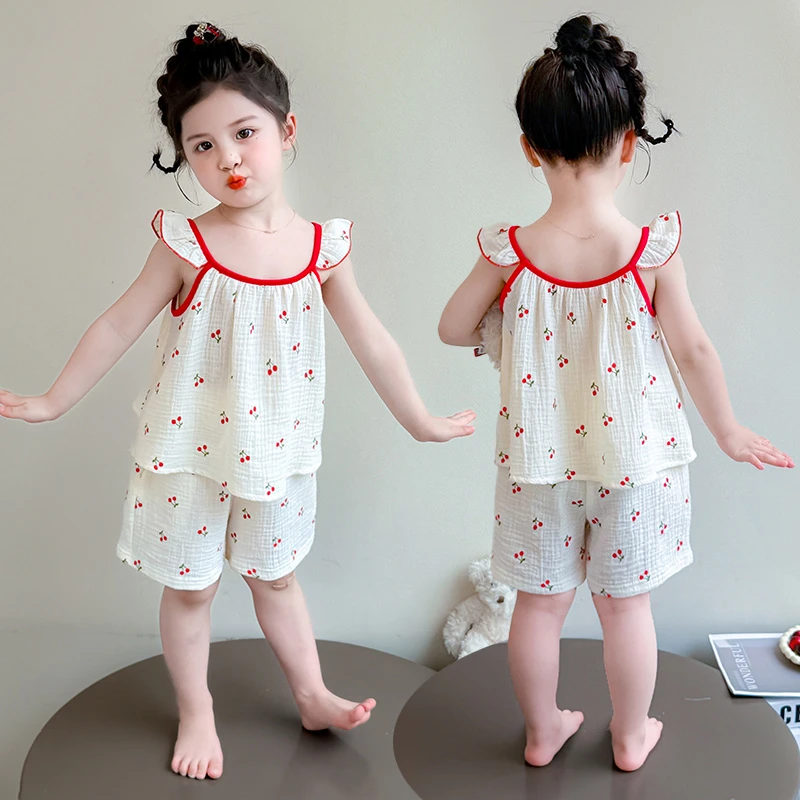 1-6岁女童家居服夏季A类全棉纱布吊带飞袖短裤套装女宝宝纯棉睡衣