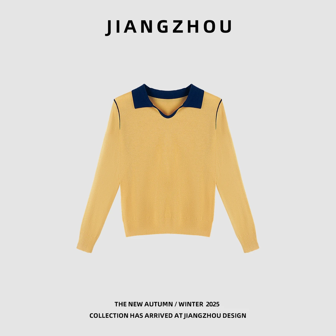 江洲【别致】秋季新款绵羊毛翻领套头百搭时尚撞色长袖毛织衫上衣