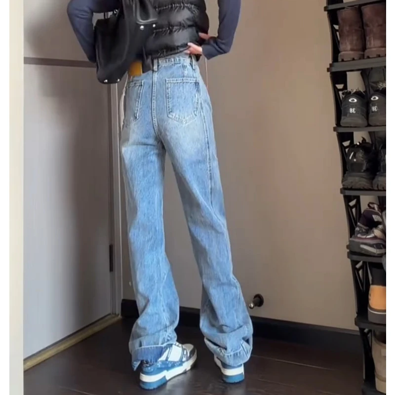 小个子蓝色牛仔裤女士2025年冬季新款爆款裤子加绒加厚宽松直筒裤