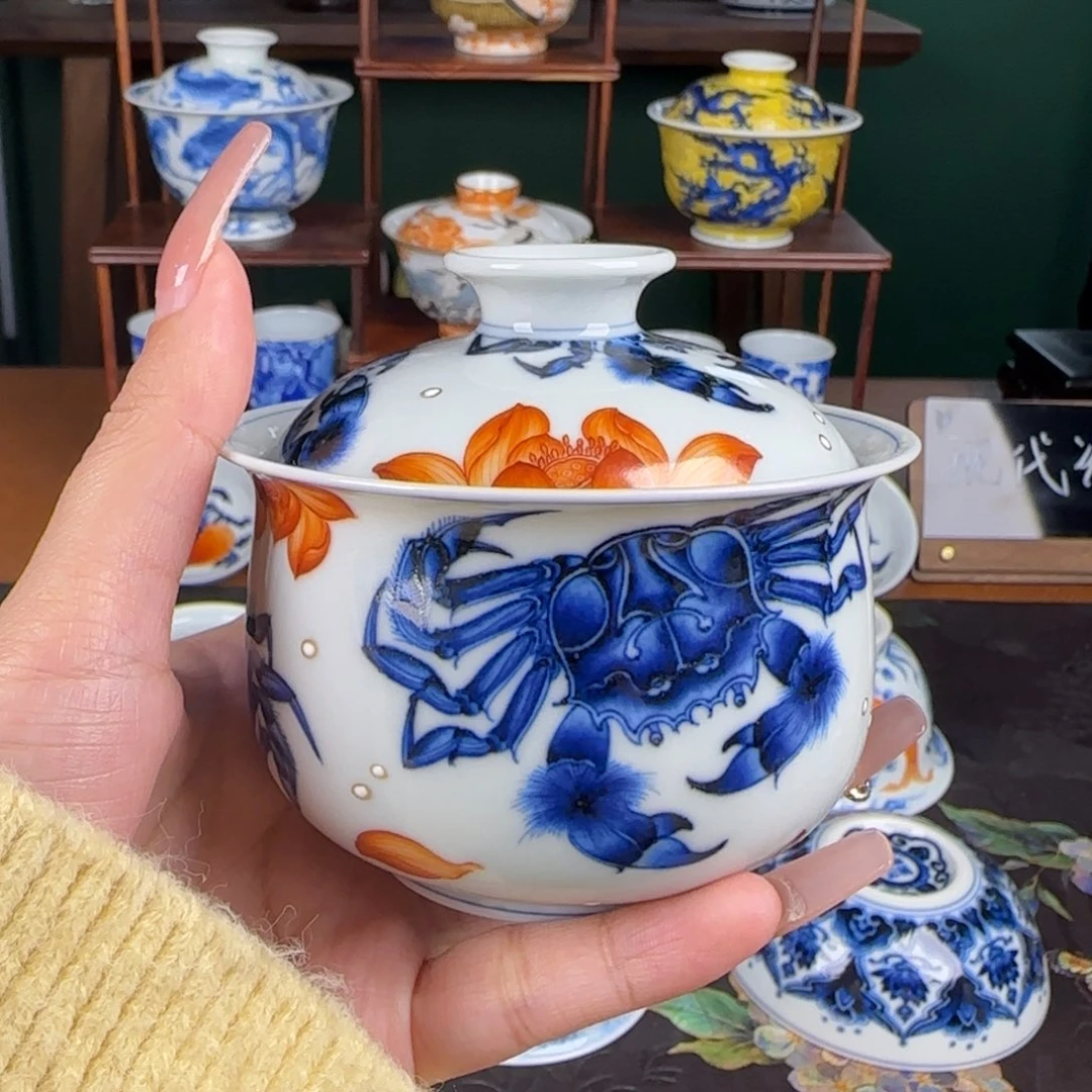 杯洪印慕明。矾红螃蟹盖碗