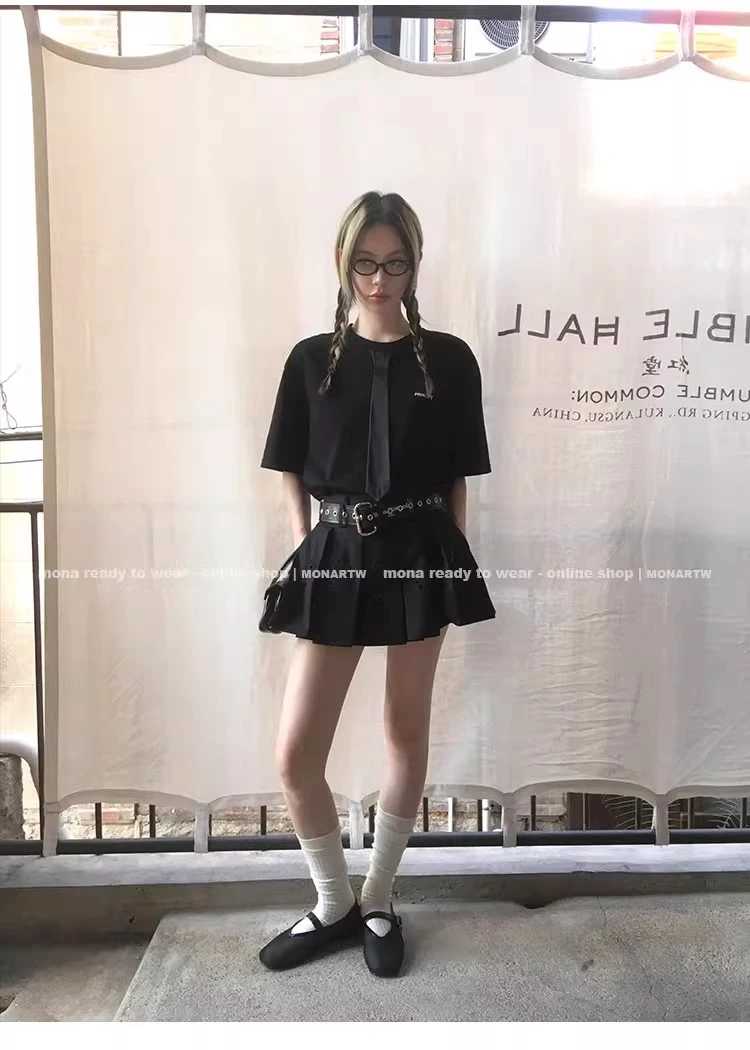 MONA 100棉 简约休闲气质宽松 领带短袖T恤上衣女 2025夏季新款