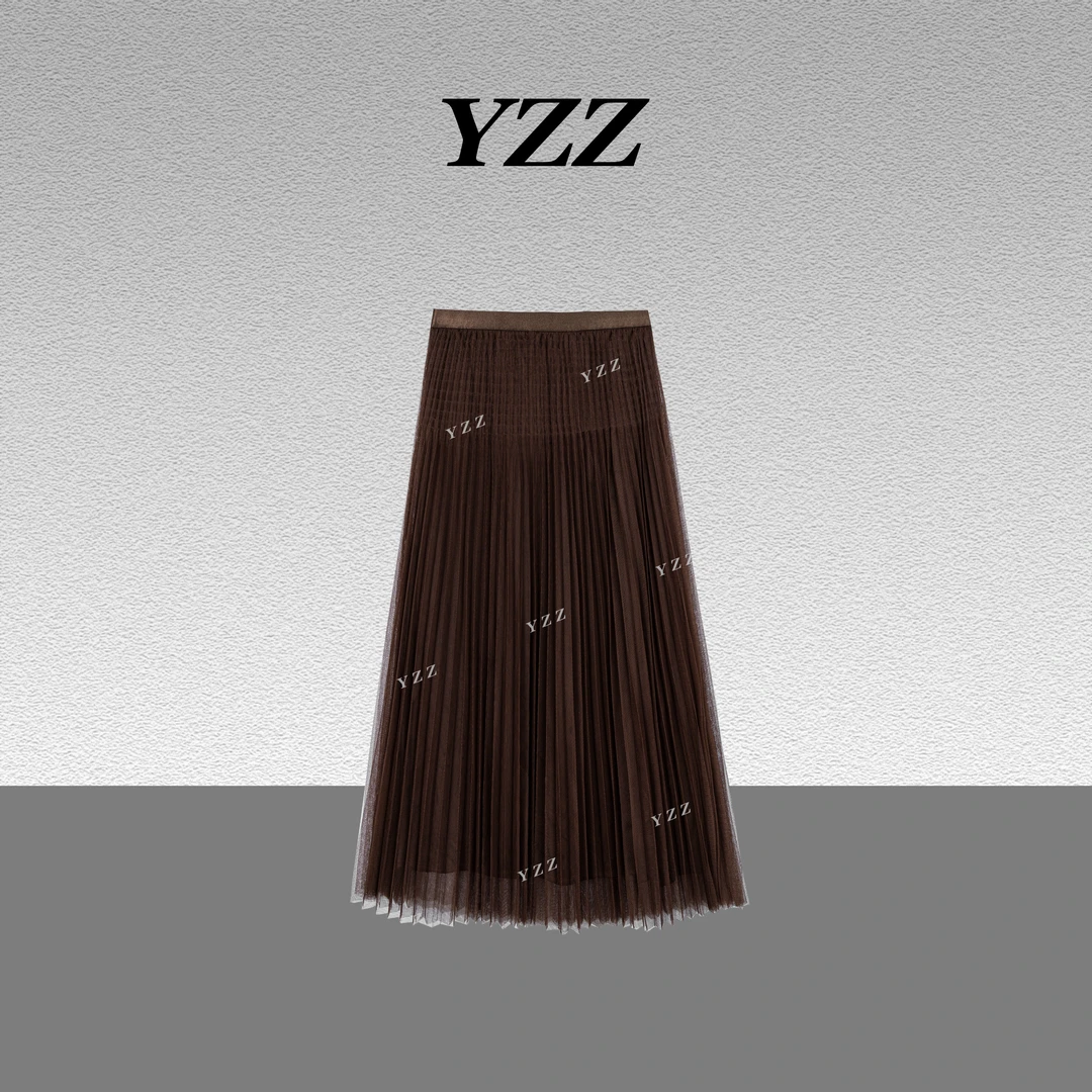YZZ“梦境”新款高腰a字裙中长款百褶气质网纱裙 680021