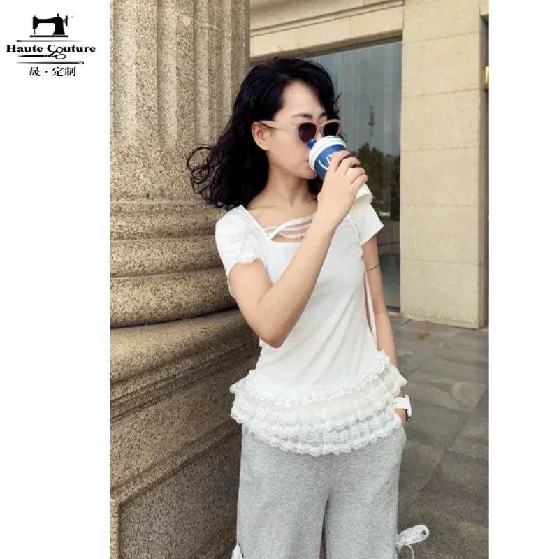 【月野兔】设计款蕾丝花边甜美气质上衣时尚百搭白色镂空