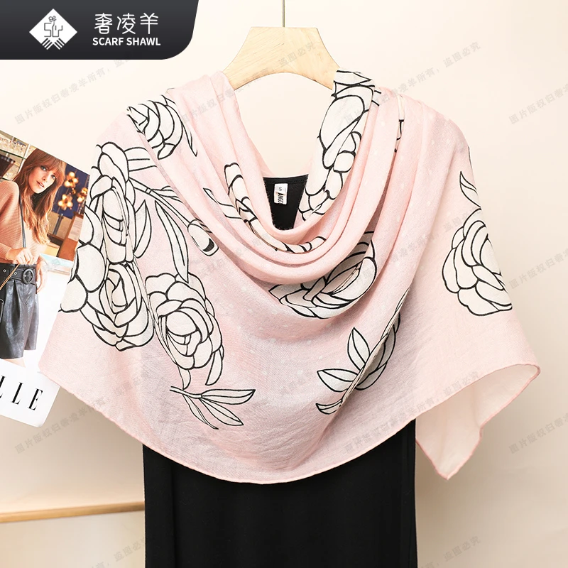 奢凌羊【波点茶花】95*95手工精卷边纯山羊绒围脖围巾披肩