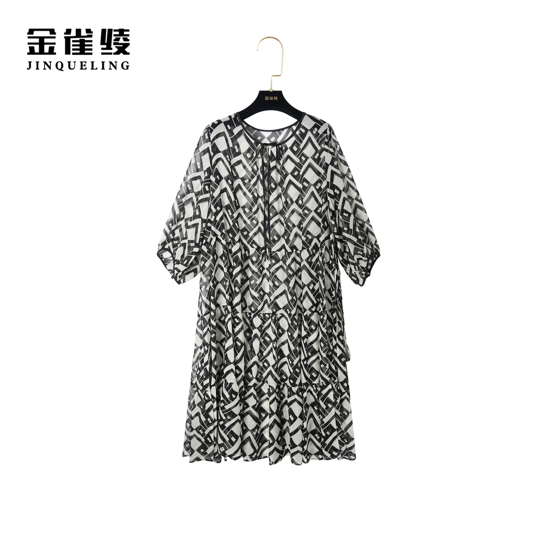 金雀绫【黑菱格】100桑蚕丝圆领显瘦气质时尚宽松连衣裙AL6019