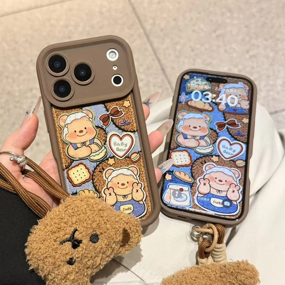 卡通秋冬黄油小熊挂绳适用苹果iPhone17pro/16/14/15手机壳防摔