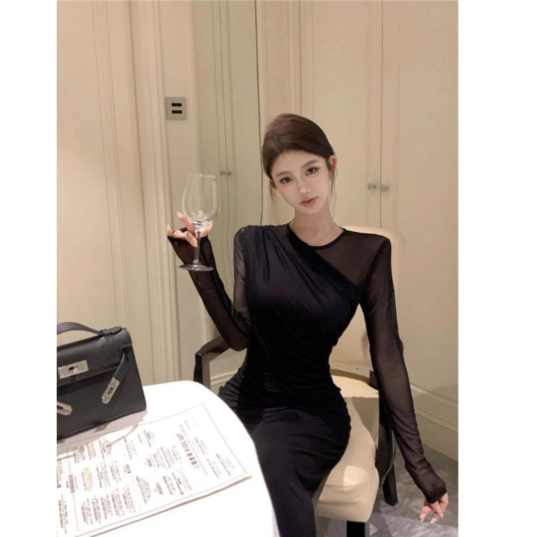 复古性感御姐黑色气质网纱针织连衣裙女秋季收腰显瘦长袖包臀长裙