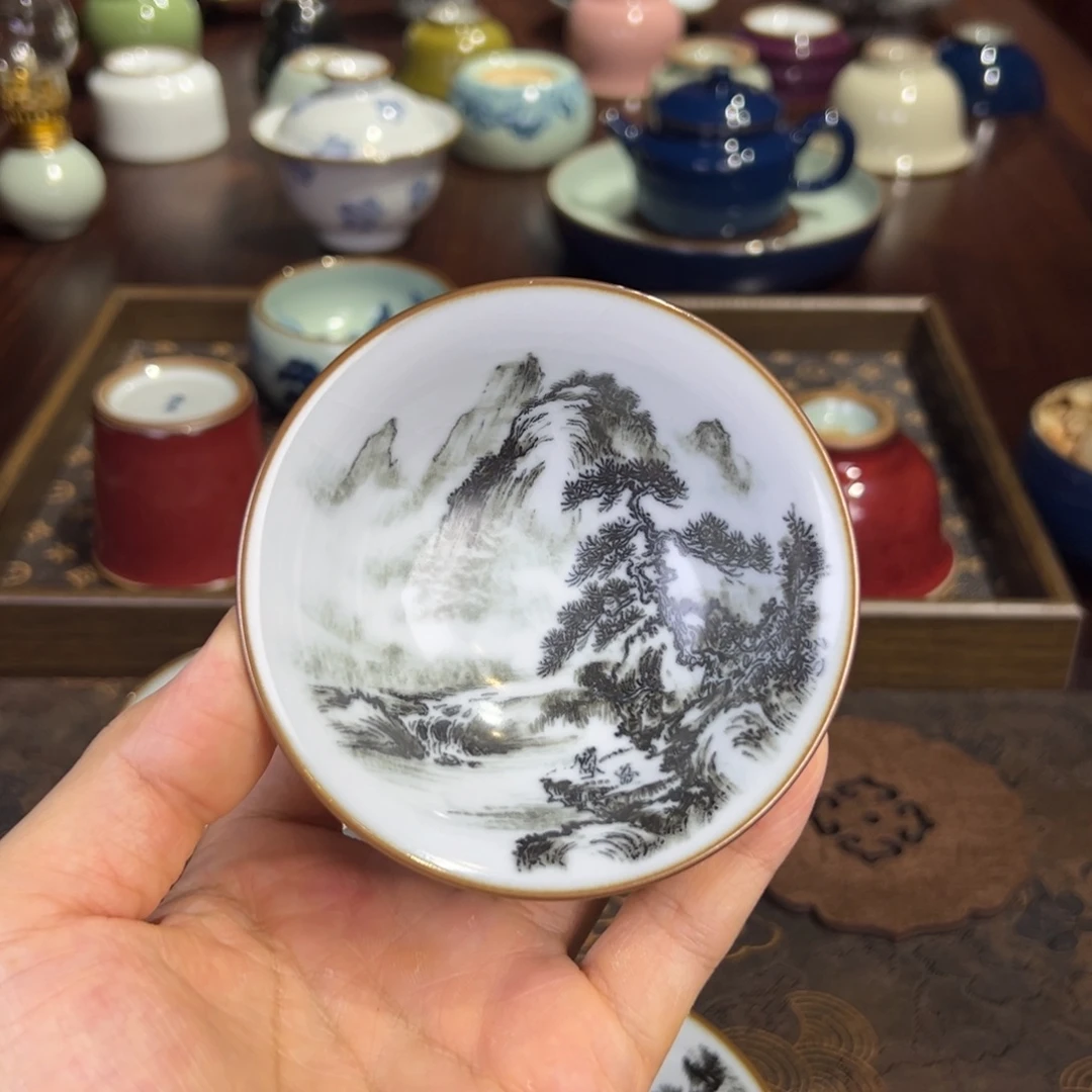 月白墨彩内外绘若深杯
