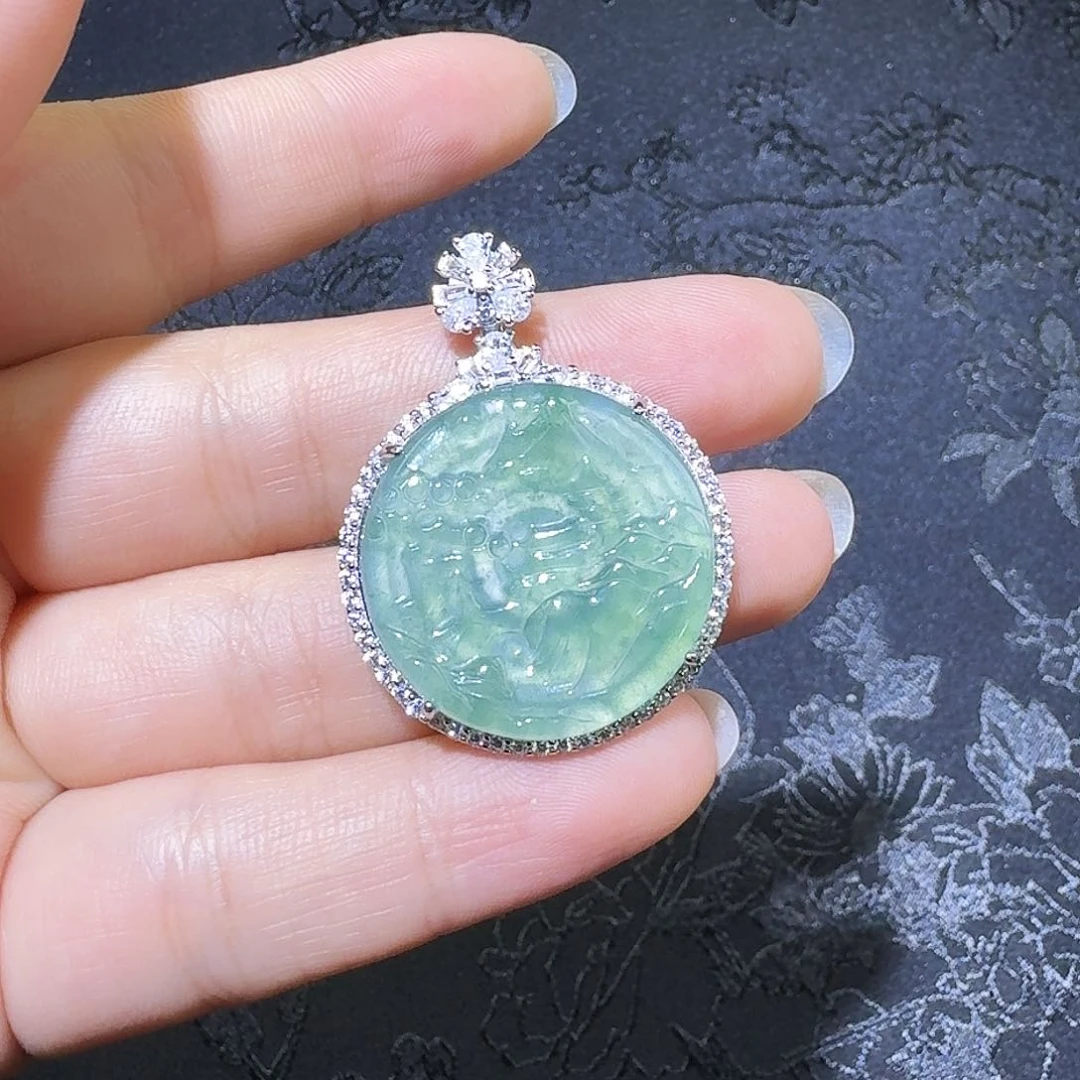 翡翠吊坠(不含链)银S925镶嵌山水