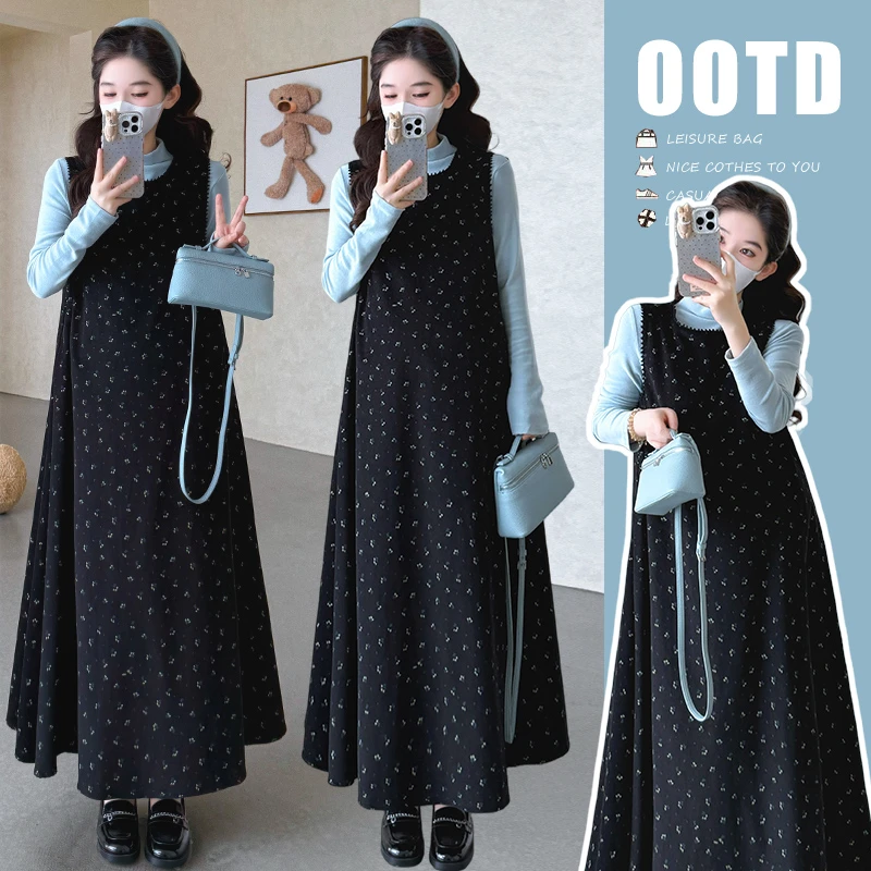 2025秋冬新款韩系少女碎花背心裙加绒浅蓝色打底两件套